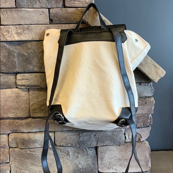 DEUX LUX |Cream Canvas Black Faux Leather Backpack Eco-Friendly Vegan Bag Unisex - Picture 8 of 10